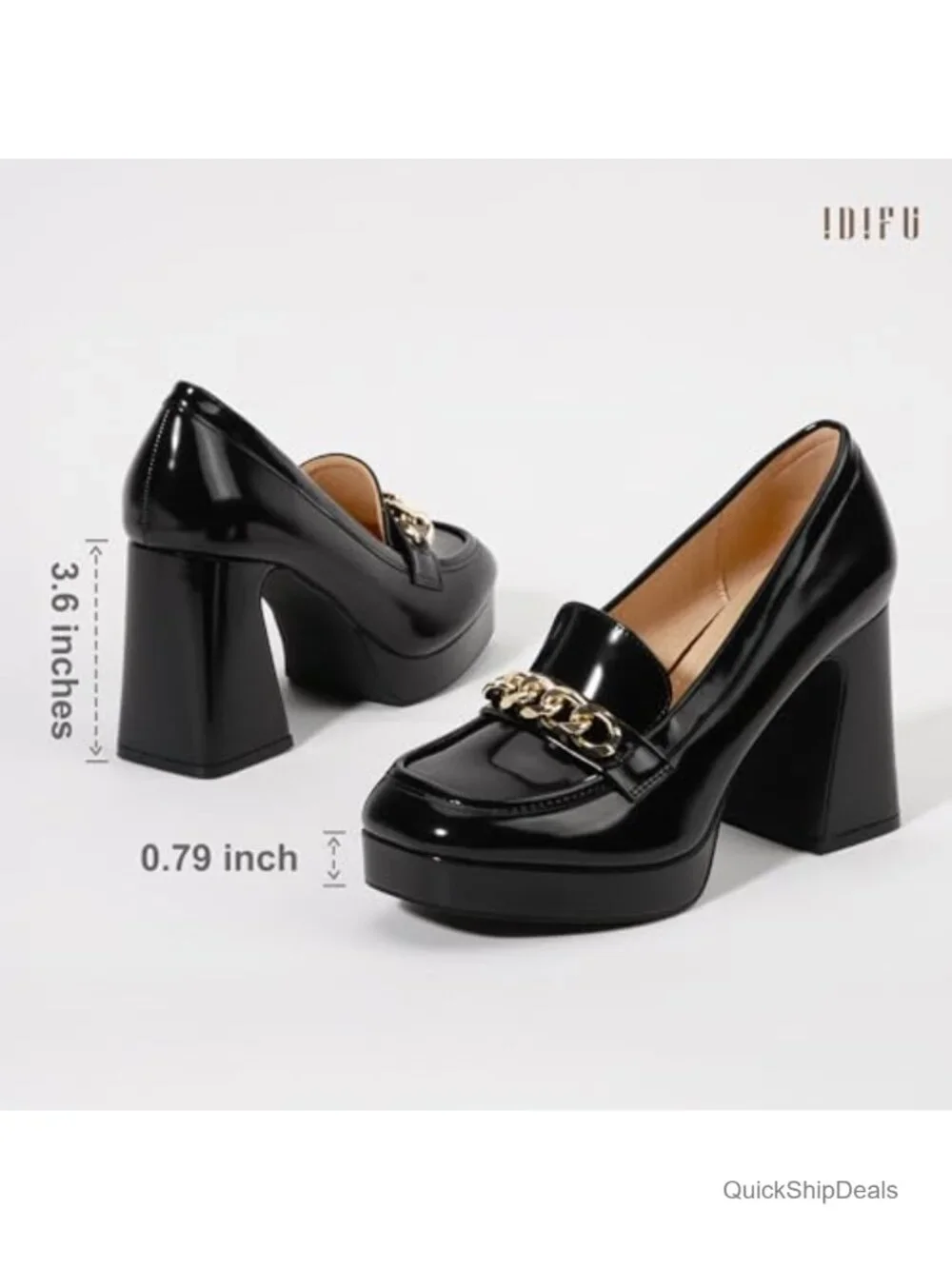 Platform Chunky Heel Loafers with Metal Chain | Square Toe Dress Shoes